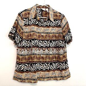 ALFRED DUNNER Tan Brown White Geometric Striped Tribal Animal Button Down PETITE